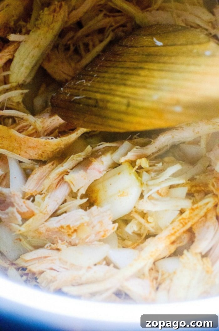 Plenty of Leftover Turkey Close-up of shredded leftover turkey, ready to be used in a new recipe.