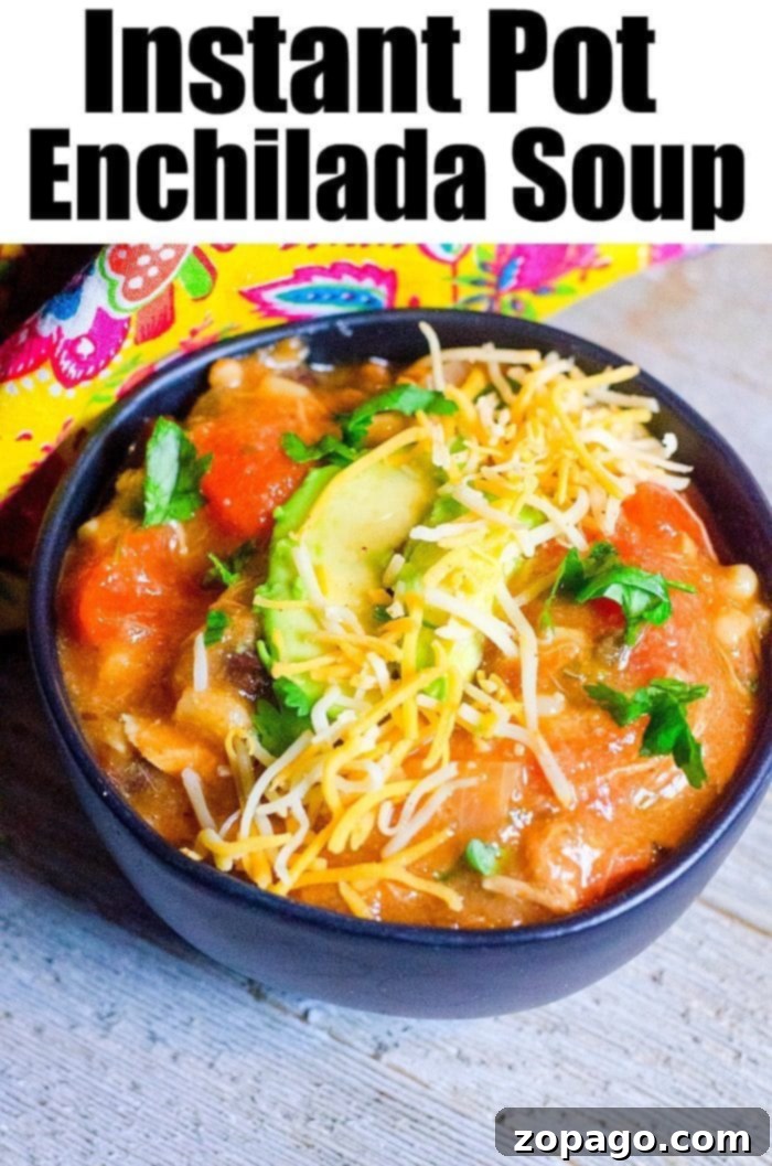 Garnished Instant Pot Turkey Enchilada Soup A bowl of leftover turkey soup topped with avocado slices, shredded cheese, and cilantro. The rich tomato-based broth contains chunks of turkey and vegetables. A colorful patterned cloth is visible in the background. The image has the text “Instant Pot Enchilada Soup.”