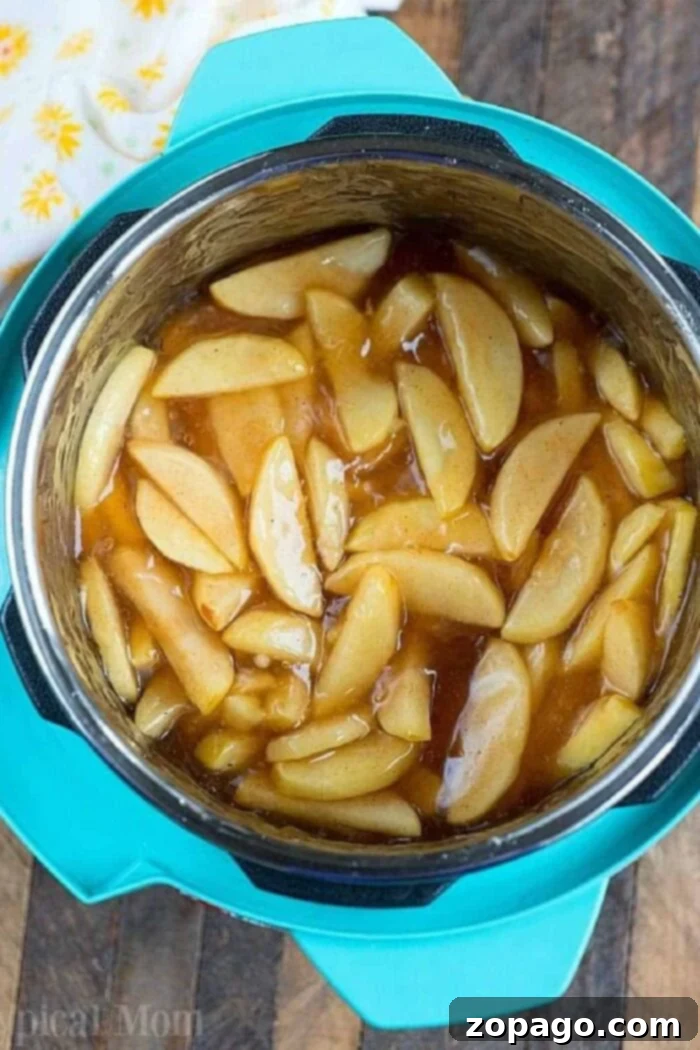 Effortless Pressure Cooker Apple Pie Filling 2 Vibrant homemade pressure cooker apple pie filling in a glass bowl, showcasing tender apple slices and a rich, golden sauce, ready to be incorporated into various desserts.