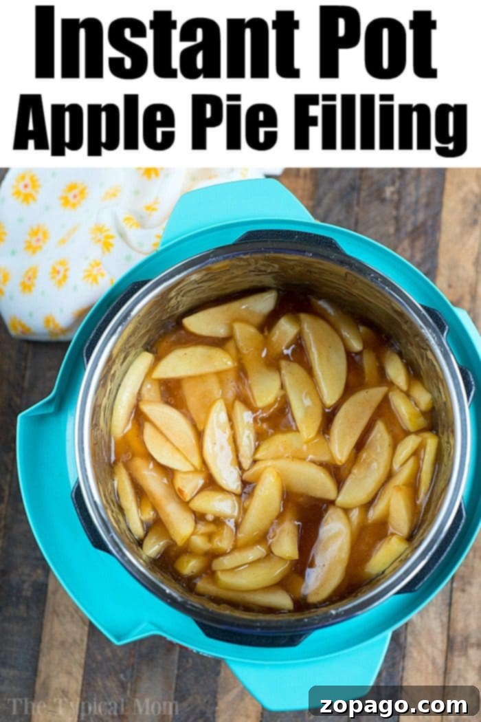 Easy homemade pressure cooker apple pie filling recipe you can make in about 20 minutes in your Instant Pot or a bit longer using our stovetop directions! #instantpot #applepiefilling #applerecipes #instantpotrecipes #pressurecooker #thetypicalmom #dessert A large serving bowl filled with a generous portion of glistening, homemade Instant Pot Apple Pie Filling, showcasing its rich texture and inviting warmth, ready to be enjoyed.
