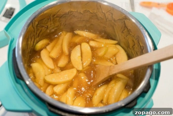 Easy homemade pressure cooker apple pie filling recipe you can make in about 20 minutes in your Instant Pot or a bit longer using our stovetop directions! #instantpot #applepiefilling #applerecipes #instantpotrecipes #pressurecooker #thetypicalmom #dessert A vibrant bowl of freshly made homemade apple pie filling, garnished with a whole red apple and cinnamon sticks, highlighting its rich texture and inviting aroma.
