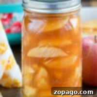 A charming glass jar filled with luscious homemade pressure cooker apple pie filling, resting on a rustic wooden table alongside a fresh red apple and a delicate floral cloth, evoking a sense of homemade comfort.