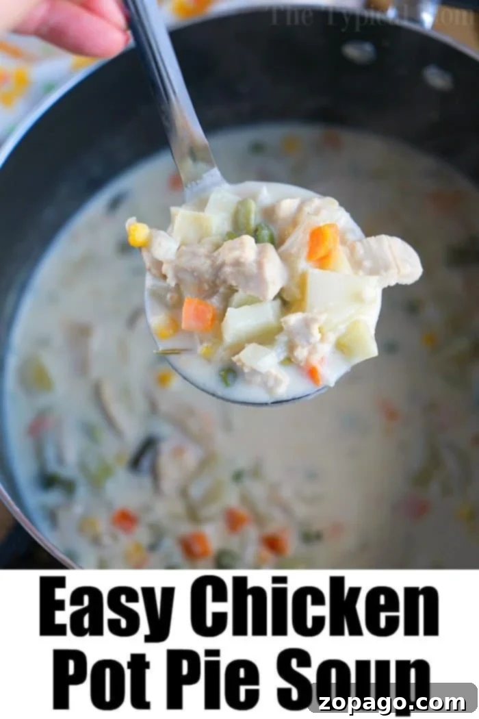 A ladle filled with creamy turkey pot pie soup hovers over a steaming pot, ready to be served.