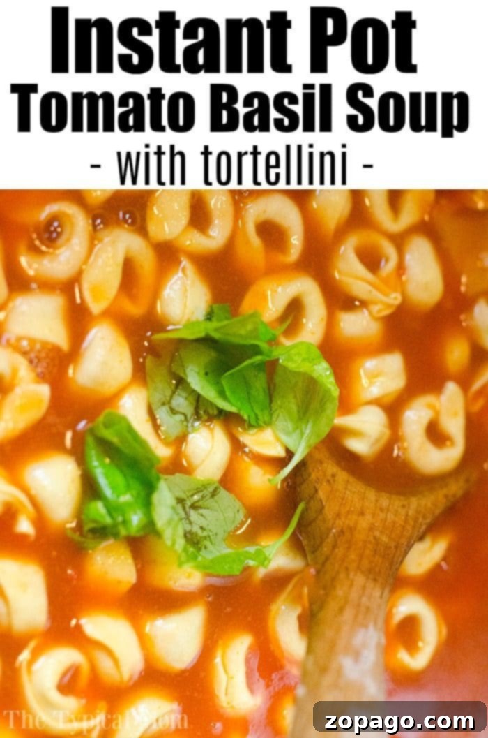 This Instant Pot tomato basil soup is a fantastic dinner that takes just minutes to prepare in your pressure cooker now. Healthy meals are on the way! Instant Pot Tomato Basil Soup with tortellini, garnished with fresh basil leaves.