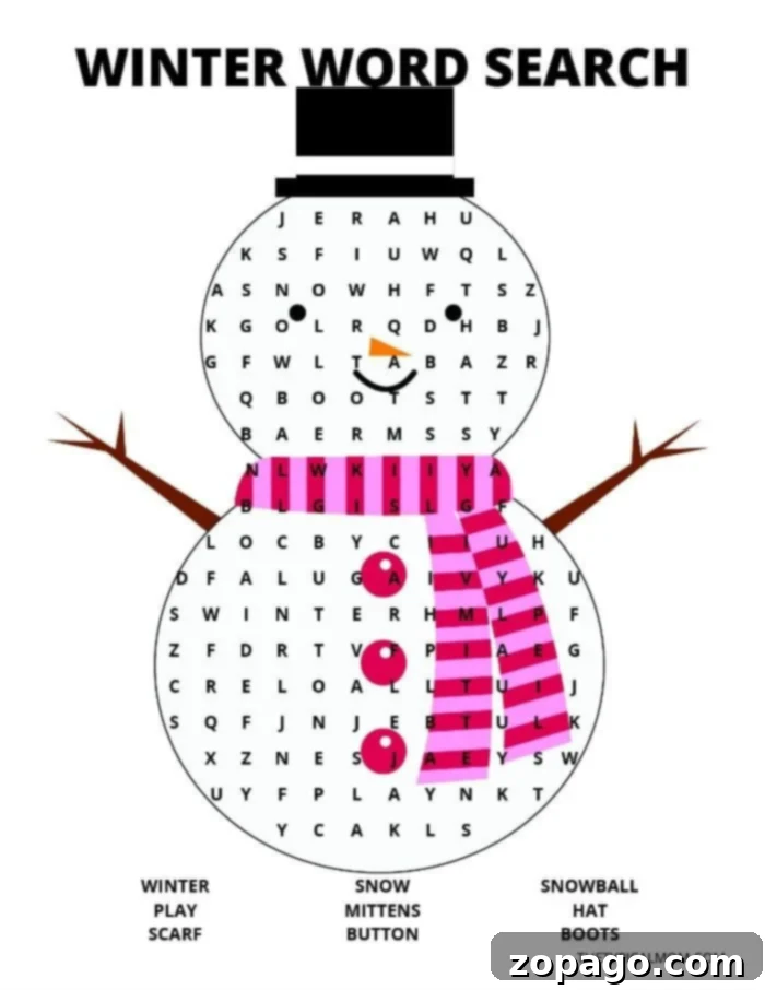 Free Snowman Word Search: Engaging Winter Printable A free printable snowman-themed word search puzzle, perfect for indoor winter fun.