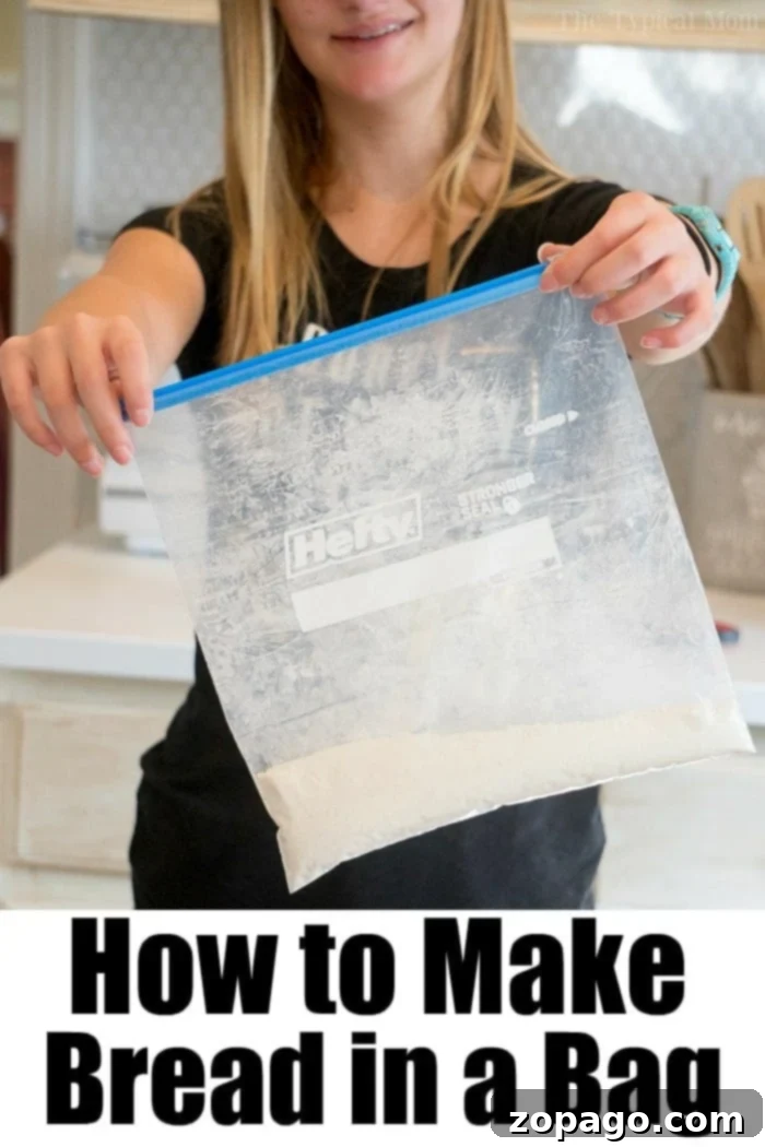 Your Kitchen, Your Bakery 3 Person holding a clear zip-lock bag containing whole wheat flour, with text at the bottom reading How to Make Bread in a Bag.