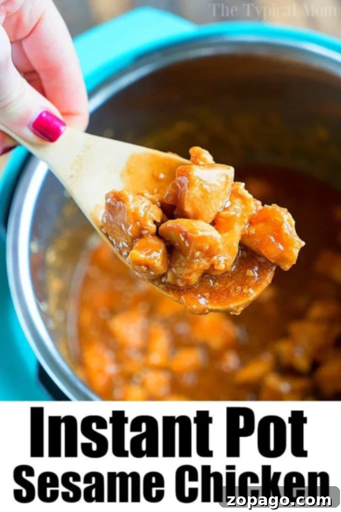 Instant Pot sesame chicken takes less than 15 minutes to make in your pressure cooker now! A sweet and sticky sauce with tender chicken over rice is a fave. #instantpot #sesamechicken #chicken #lowcarb #instantpotrecipes #pressurecooker #thetypicalmom Easy sesame chicken, a quick and delicious Instant Pot recipe.