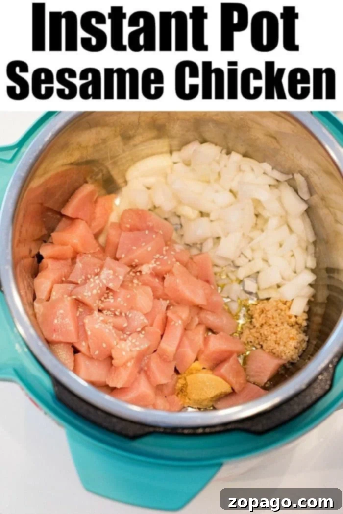 Instant Pot sesame chicken takes less than 15 minutes to make in your pressure cooker now! A sweet and sticky sauce with tender chicken over rice is a fave. #instantpot #sesamechicken #chicken #lowcarb #instantpotrecipes #pressurecooker Easy Instant Pot Sesame Chicken with a sweet and sticky sauce and tender chicken over rice.