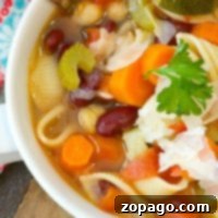 Close-up of a bowl of easy minestrone soup with pasta, carrots, zucchini, beans, and a parsley garnish, all perfectly cooked in an instant pot.