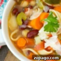 Close-up of a bowl of easy minestrone soup with pasta, carrots, zucchini, beans, and a parsley garnish, all perfectly cooked in an instant pot.