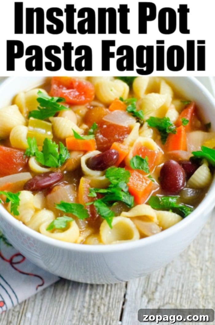 Delicious Instant Pot Pasta Fagioli: A quick and easy pressure cooker vegetable soup variation. A vibrant bowl of Instant Pot pasta fagioli, showcasing a rich tomato broth, pasta, and beans, garnished with fresh herbs, ideal for a quick and hearty meal.