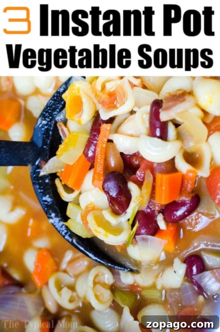 Explore 3 easy and customizable pressure cooker vegetable soup recipes for your Instant Pot! #instantpot #instantpotrecipes #vegetable #soup #pressurecooker #vegetablesoup #healthy #vegetarian A collection of steaming bowls of various Instant Pot vegetable soups, showcasing diverse textures and colors, each garnished uniquely, highlighting the versatility of pressure cooking.