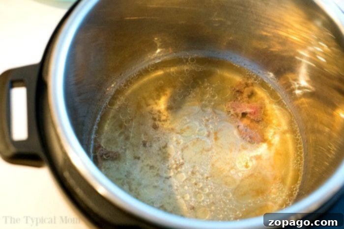No Thaw Instant Pot Ground Beef 7 Cooking frozen ground beef in an Instant Pot with broth and seasonings visible, alongside frozen ground beef, creates a flavorful meal with ease.