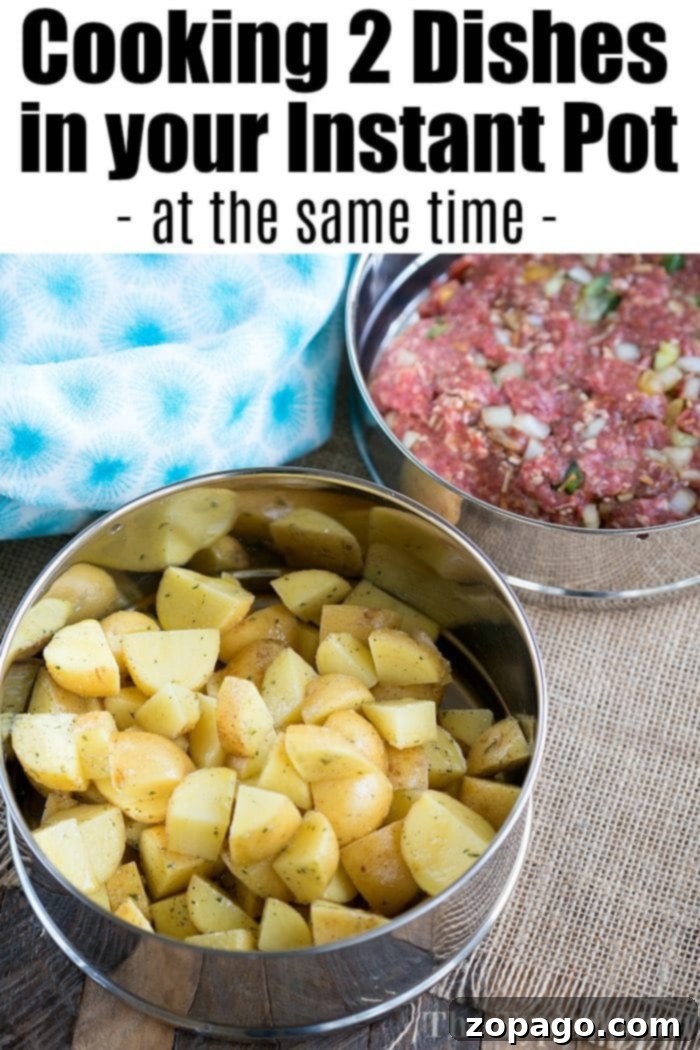 Instant Pot stackable pans loaded with meatloaf and seasoned potatoes