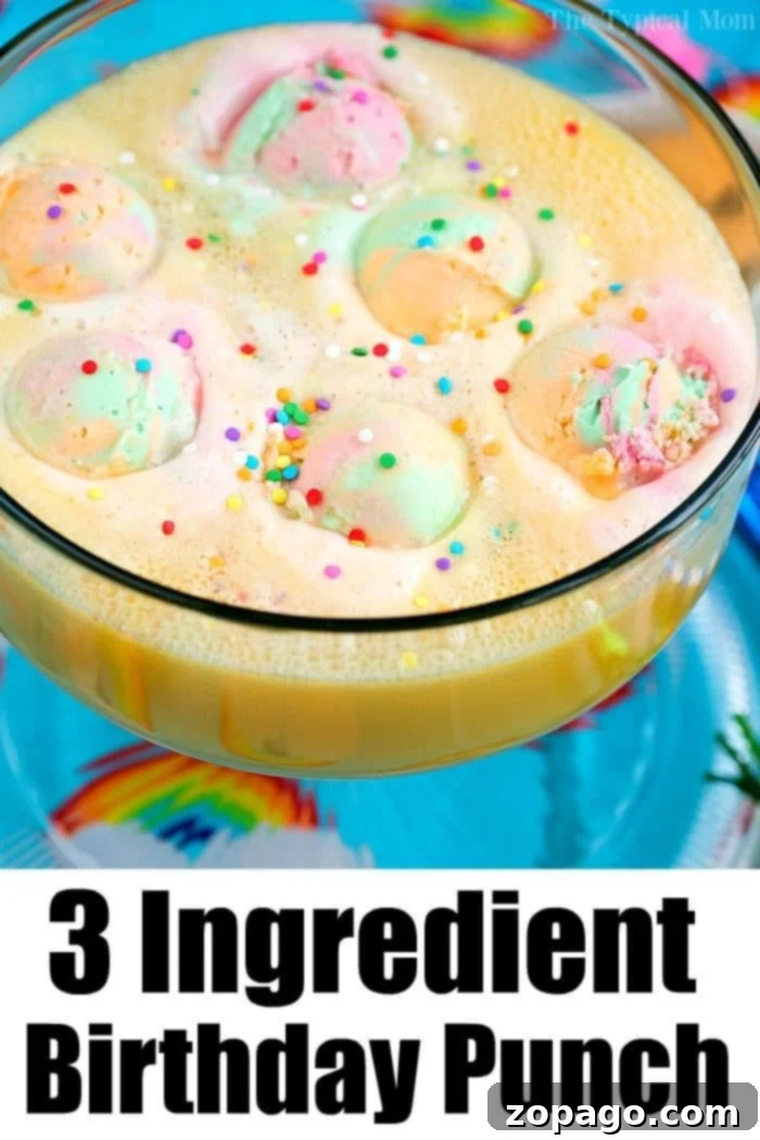 Make your next party a hit with this easy 3-ingredient sherbet punch recipe! Perfect for birthdays, baby showers, and all celebrations, offering a vibrant, delicious, and customizable drink. #SherbetPunch #PartyDrinks #EasyRecipes #NonAlcoholic A festive punch bowl overflowing with colorful sherbet punch, ready to be served. The image captures the inviting and vibrant appearance of the punch, highlighted by the partially melted sherbet creating a frothy, sweet layer. It's perfectly set for guests to enjoy at any party or celebration.