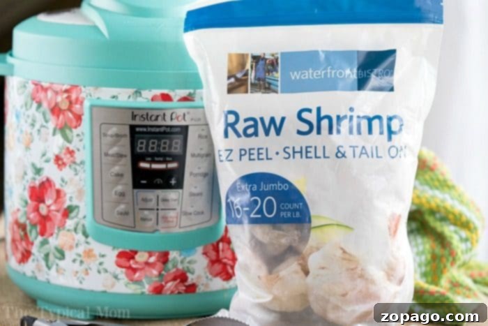 Best Shrimp for Instant Pot A bag of frozen jumbo shrimp, shell-on, ready for Instant Pot cooking.