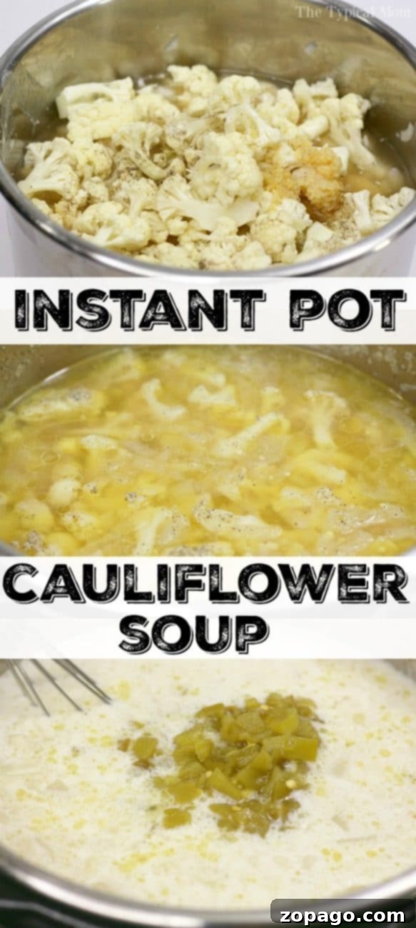 Instant Pot cauliflower soup is a creamy and delicious low carb meal our whole family loves! Easy to throw together keto soup you'll make again and again. Close up of Instant Pot cauliflower soup with toppings