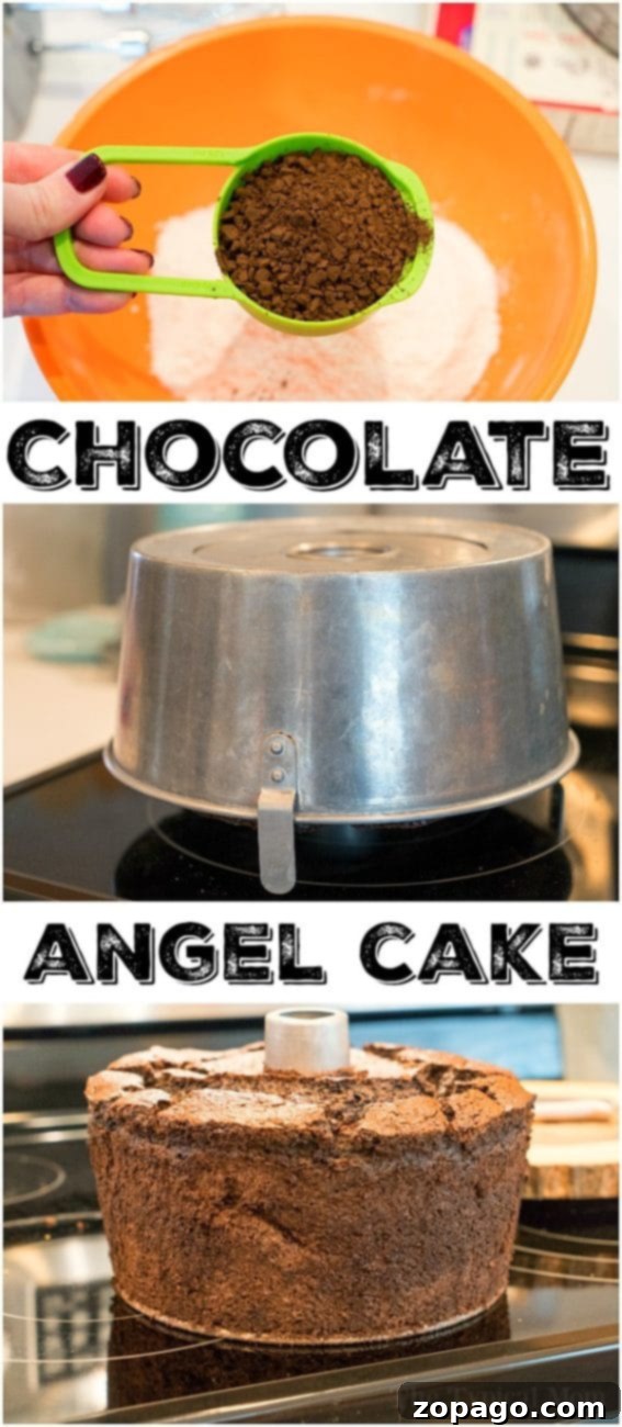 Discover how to make the ultimate fluffy and fat-free chocolate angel food cake with just 3 simple ingredients! This easy cake mix recipe is perfect for any occasion, offering a light, airy texture and rich cocoa flavor. #chocolateangelfoodcake #chocolatecake #fatfree #cake #chocolate #dessert A freshly baked chocolate angel food cake on a cooling rack, glistening with a light sugar glaze.