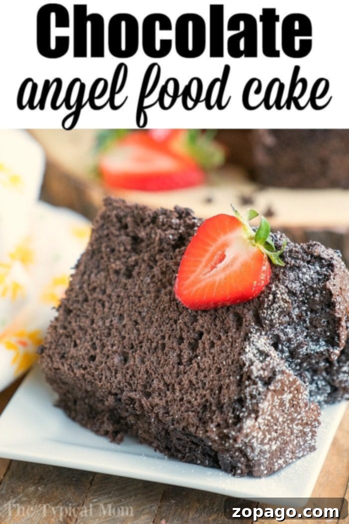 Light Chocolate Angel Food Cake 6 Several slices of chocolate angel food cake with powdered sugar on a plate