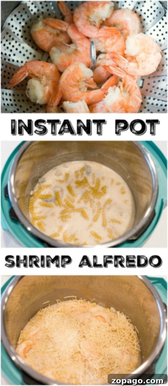 Close-up of creamy Instant Pot Shrimp Fettuccine Alfredo with tender noodles and shrimp