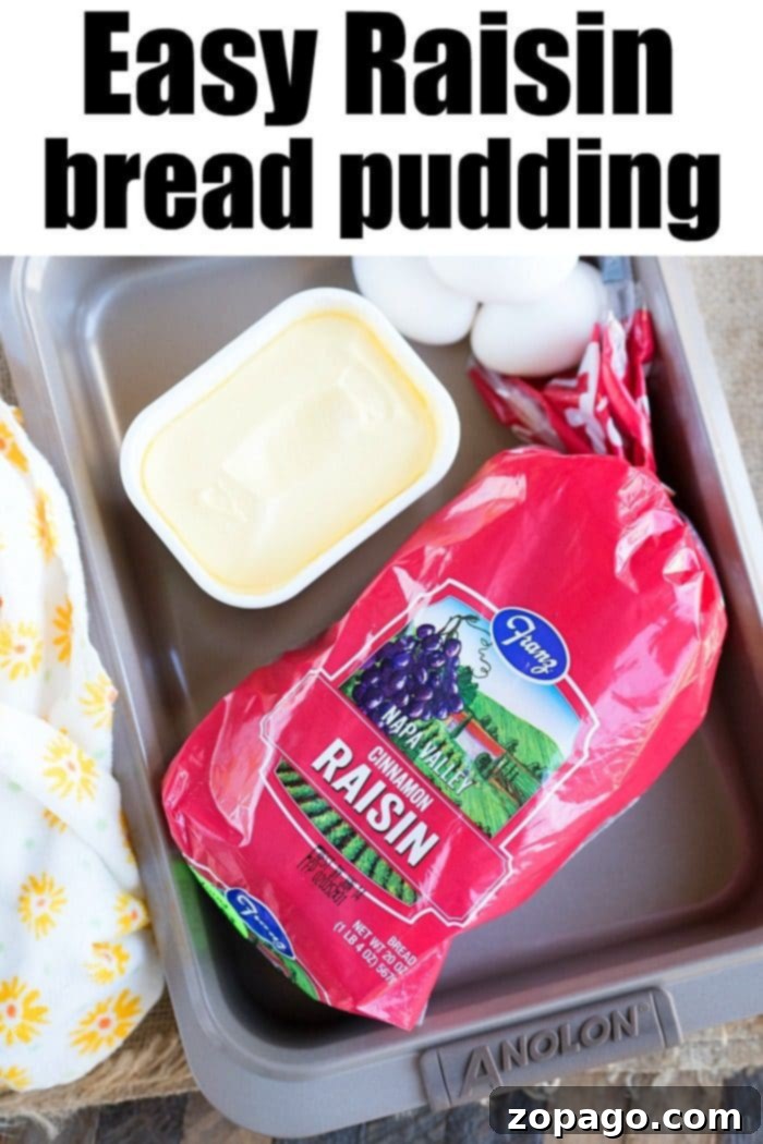 Raisin bread pudding is delicious and easy to make at home. Homemade bread pudding is easier than you think and might become a new family favorite dessert. #raisin #breadpudding #dessert #egg #casserole #breakfast #breakfastcasserole #christmas A golden-brown bread pudding studded with raisins, ready to be served from a ceramic baking dish. The edges are perfectly caramelized, hinting at a soft, custardy interior.