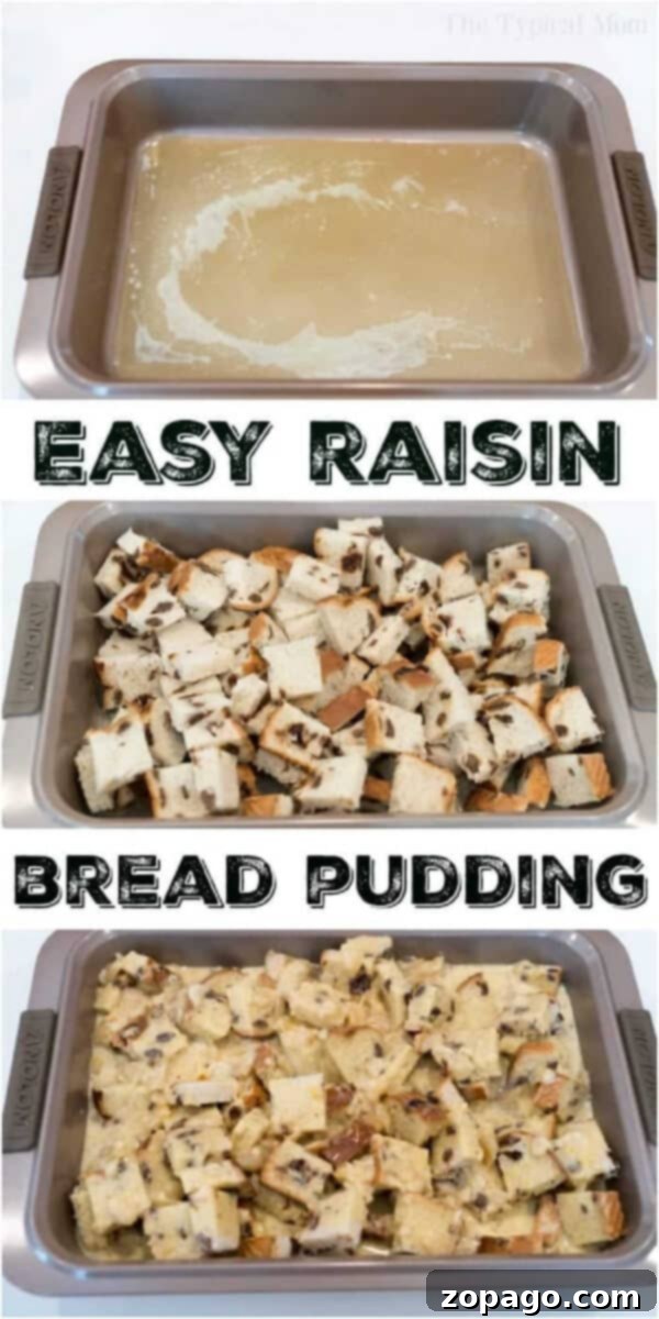 Raisin bread pudding is delicious and easy to make at home. Homemade bread pudding is easier than you think and might become a new family favorite dessert. #raisin #breadpudding #dessert #egg #casserole #breakfast #breakfastcasserole #christmas Three steps show a pan: melted butter, cubed raisin bread, then bread soaked in custard—perfect for making classic raisin bread pudding.