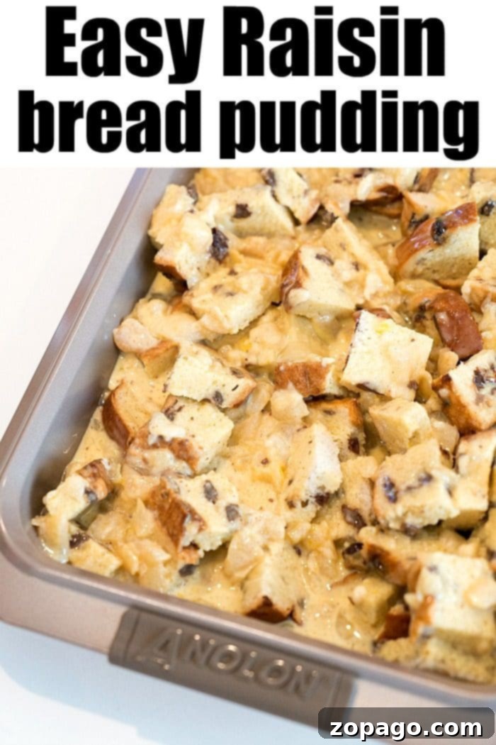 Raisin bread pudding is delicious and easy to make at home. Homemade bread pudding is easier than you think and might become a new family favorite dessert. #raisin #breadpudding #dessert #egg #casserole #breakfast #breakfastcasserole #christmas cinnamon raisin bread pudding