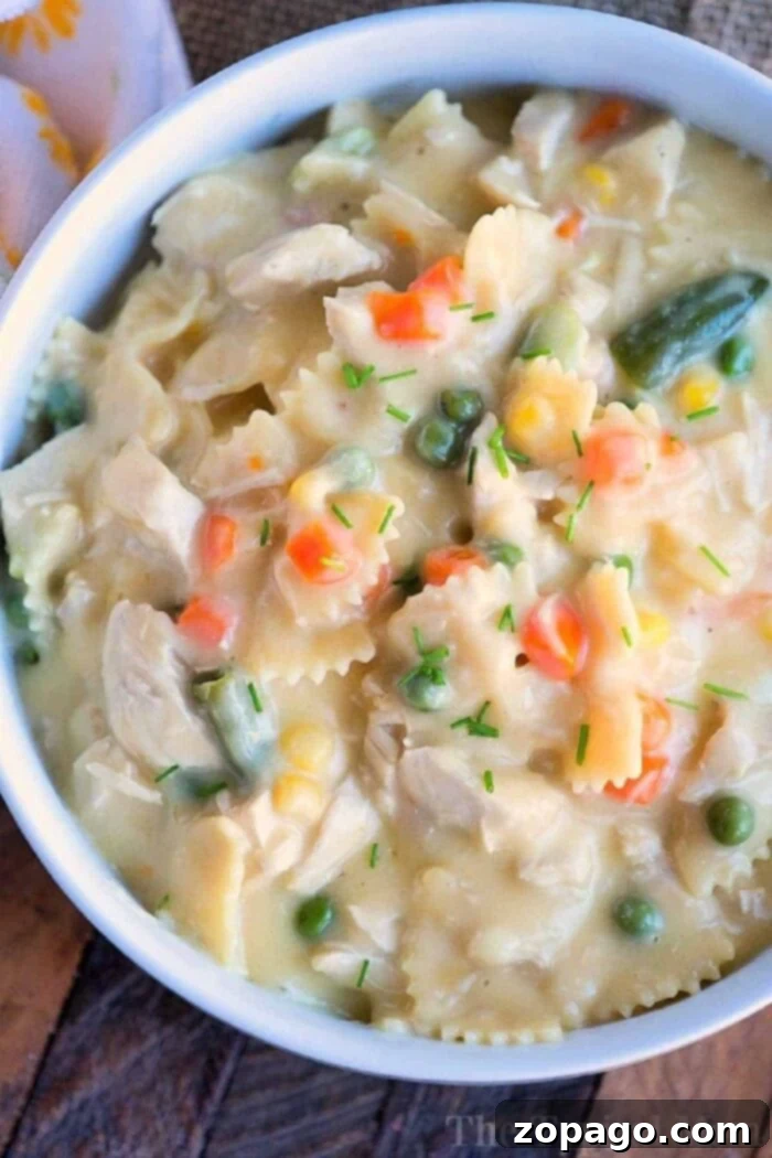 Creamy Instant Pot Chicken Noodle Casserole 2 A steaming bowl of creamy Instant Pot chicken noodle casserole, featuring tender bowtie pasta, colorful mixed vegetables, and savory chicken, garnished with fresh herbs, ready to be served.