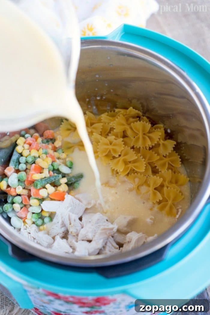 Creamy Instant Pot Chicken Noodle Casserole 4 A close-up shot of creamy chicken noodle casserole, rich with tender chicken, noodles, and mixed vegetables, garnished with parsley in a white bowl.