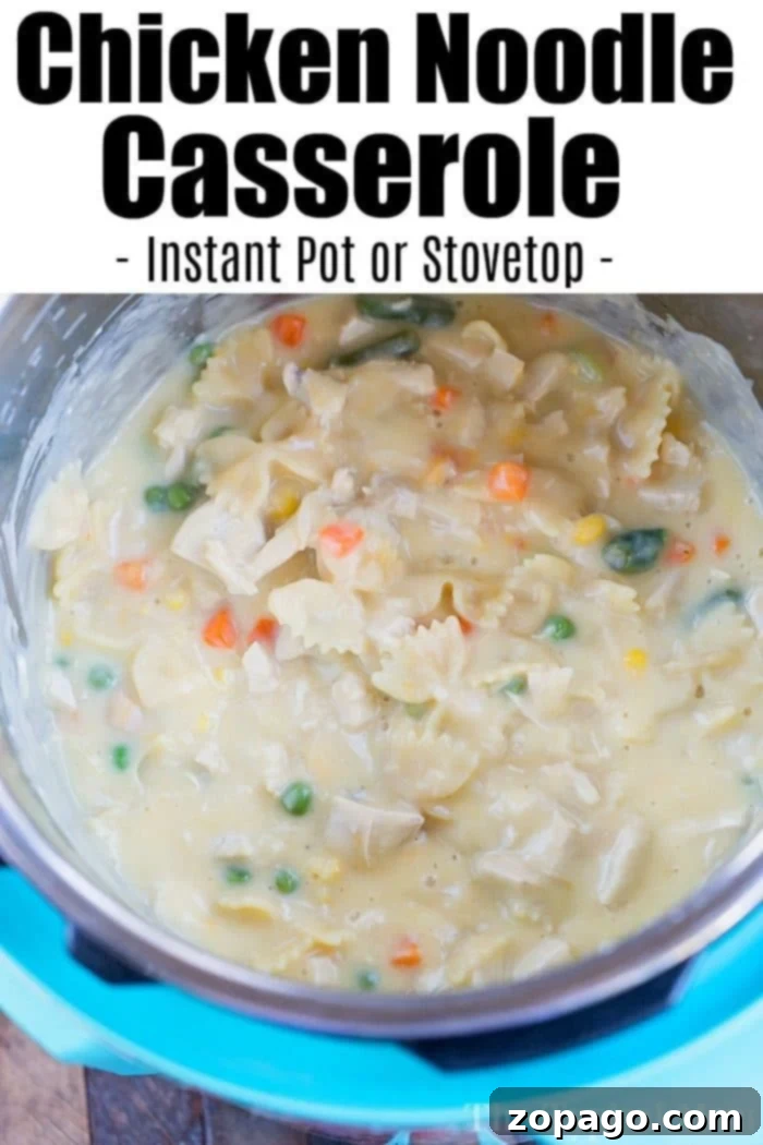 Creamy Instant Pot Chicken Noodle Casserole 5 A spoonful of creamy Instant Pot chicken noodle casserole, showing the rich texture, tender chicken, and perfectly cooked noodles, being lifted from the pot.