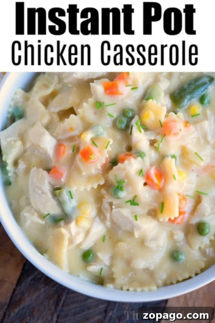 Creamy Instant Pot Chicken Noodle Casserole 7 A large serving spoon scooping a portion of creamy pressure cooker chicken casserole from a serving dish, highlighting the rich texture.