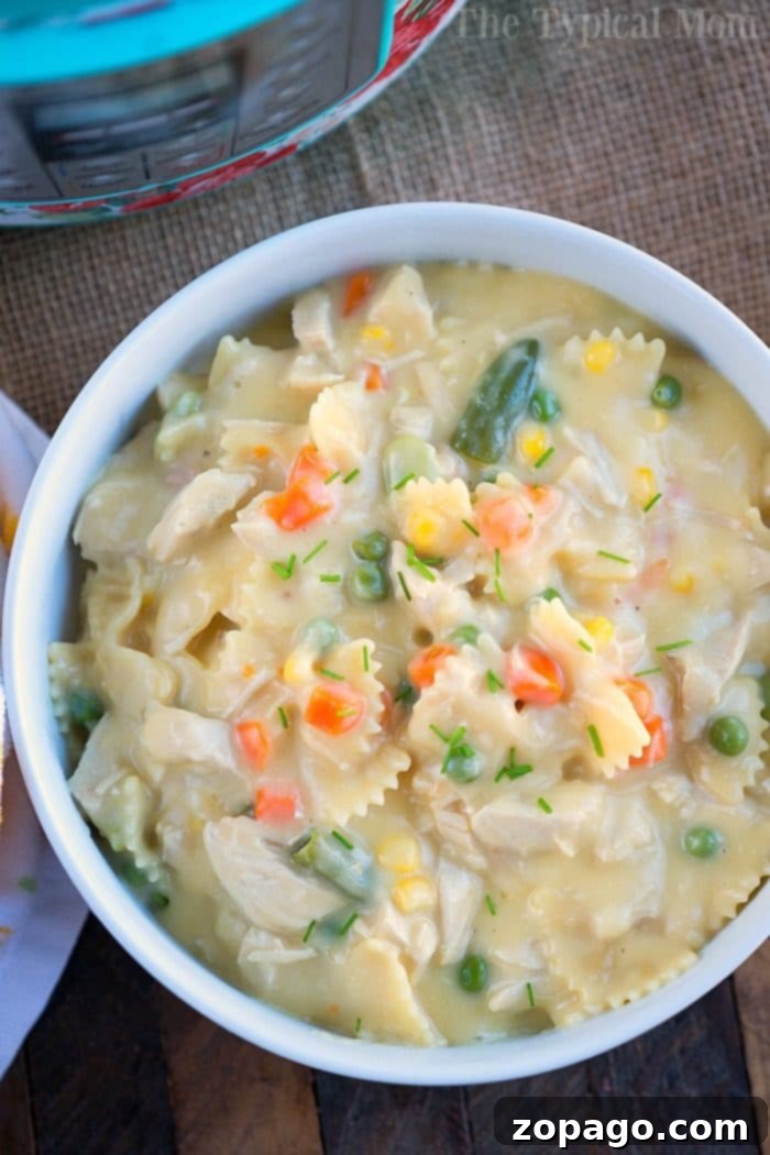 Creamy Instant Pot Chicken Noodle Casserole 8 Overhead shot of a full Instant Pot chicken noodle casserole, showcasing its creamy texture, golden noodles, chicken, and mixed vegetables in a serving dish.