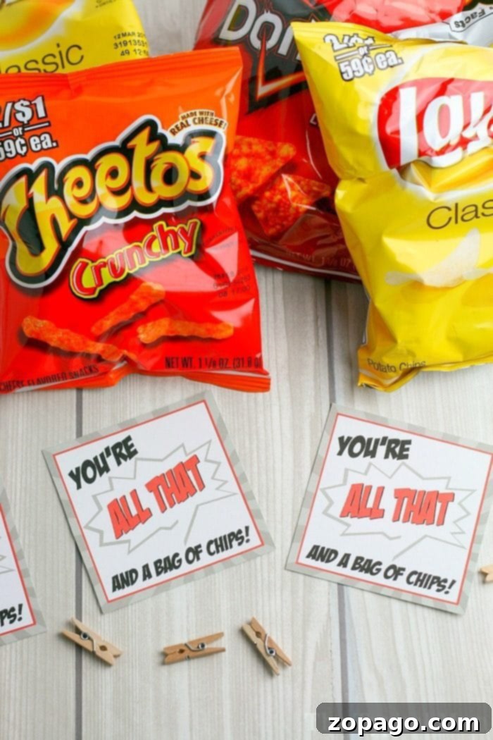 This Valentines Tag is perfect for boys and girls to give their friends as a classroom treat clipped to the top of a small chip bag. Free printable here! #valentinesday #treat #tag #freeprintables #boy #girl #classroom #snack Valentines Chips Classroom Treats