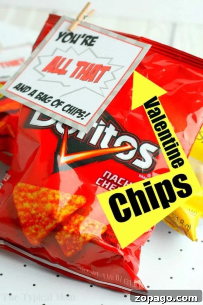This Valentines Tag is perfect for boys and girls to give their friends as a classroom treat clipped to the top of a small chip bag. Free printable here! #valentinesday #treat #tag #freeprintables #boy #girl #classroom #snack Valentines Tag for boys and girls