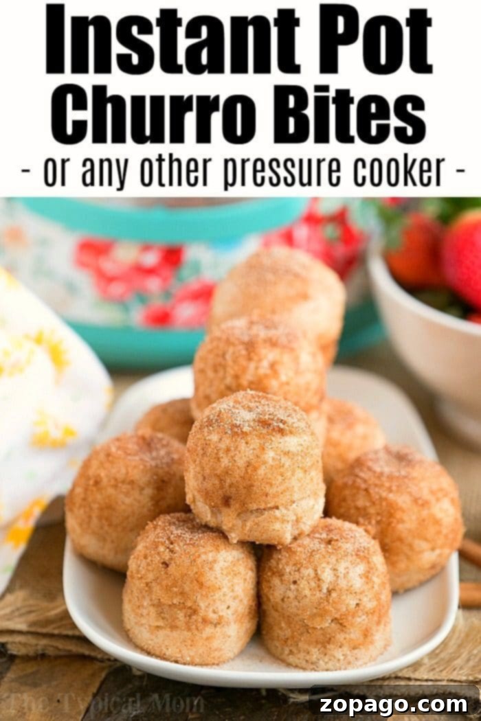 Pressure cooker churro bites are delicious for dessert or breakfast on the go! Cinnamon and sugar coated baked churros, not fried, in your Instant Pot. #instantpotrecipes #churros #churrobites #instantpot #crockpotexpressrecipes #breakfast #donuts #doughnuts A delicious display of pressure cooker churro bites, artfully arranged on a platter, each one perfectly golden and covered in cinnamon sugar, making for an inviting and satisfying treat.