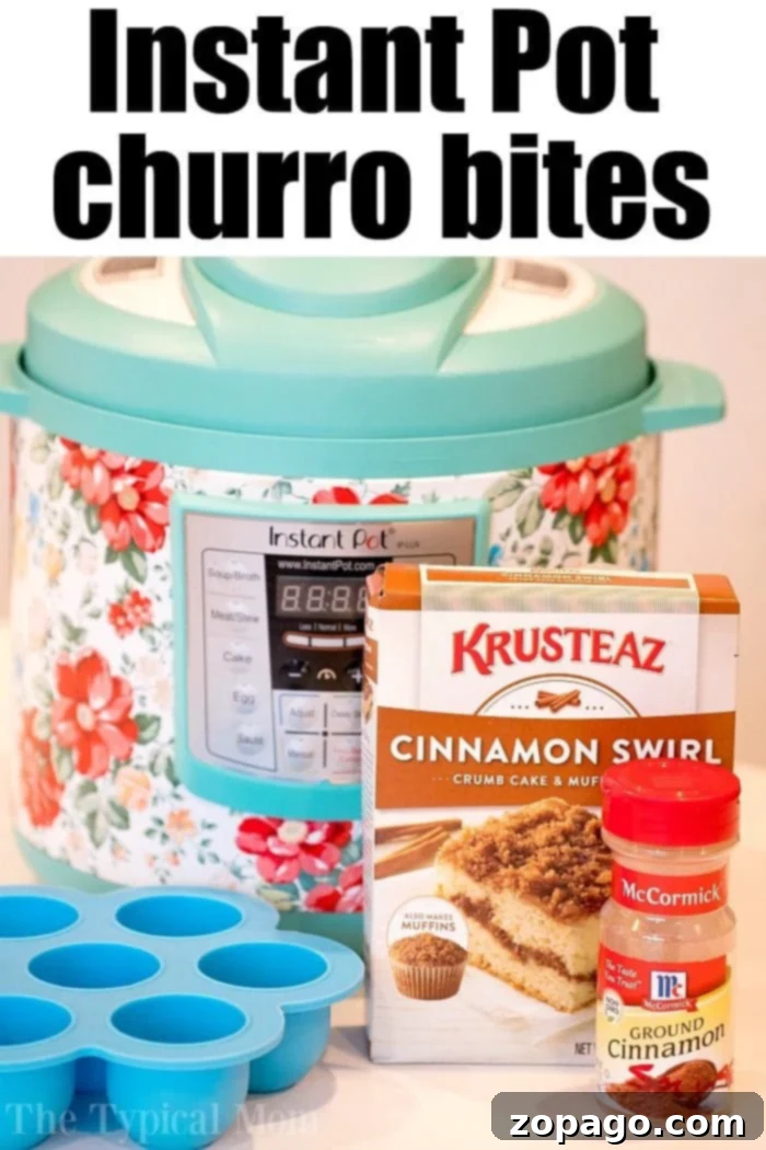 Pressure cooker churro bites are delicious for dessert or breakfast on the go! Cinnamon and sugar coated baked churros, not fried, in your Instant Pot. #instantpotrecipes #churros #churrobites #instantpot #crockpotexpressrecipes #breakfast #donuts #doughnuts A top-down view of freshly made pressure cooker churros, warm and perfectly coated with cinnamon sugar, arranged on a rustic wooden board, ready to be enjoyed.