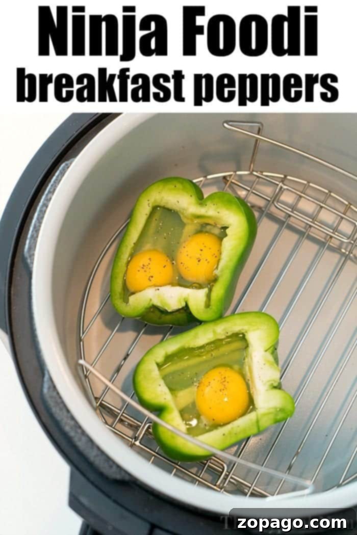 Ninja Foodi Stuffed Bell Peppers Recipe Two halves of air-fried bell peppers, one yellow and one red, filled with baked eggs and garnished with fresh parsley. The peppers are tender and the eggs are perfectly cooked through, ready for a delicious breakfast.