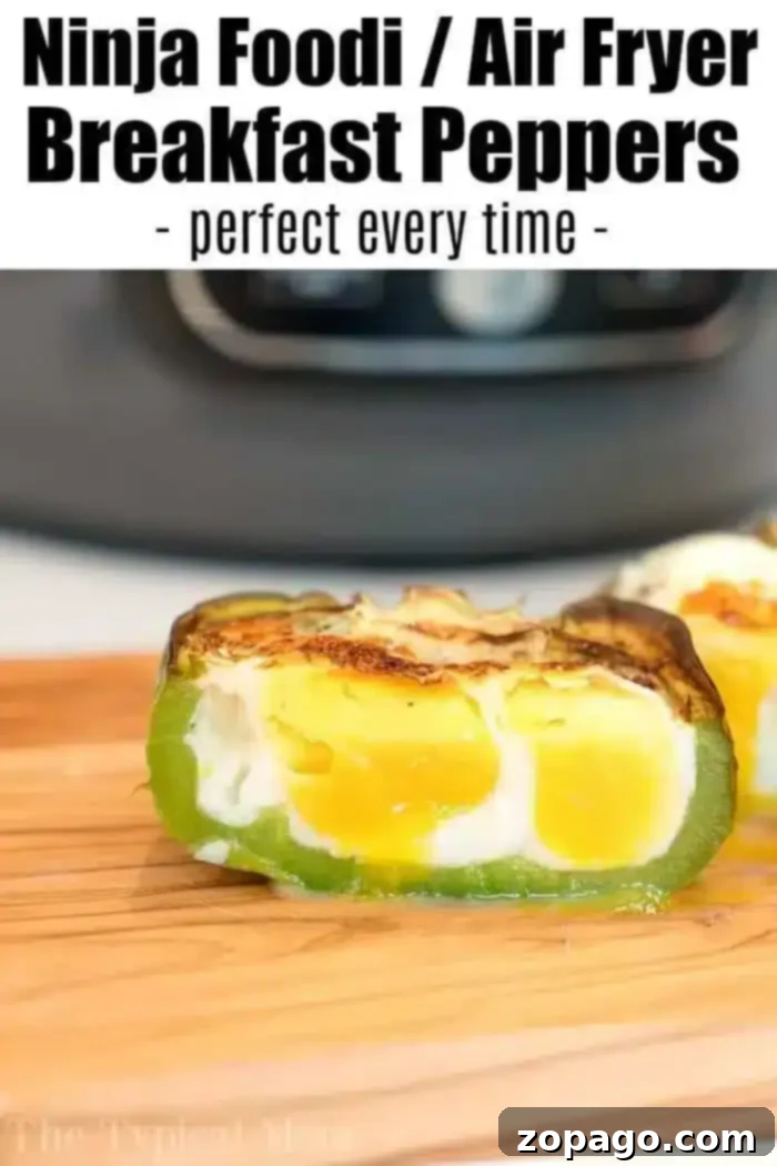 Perfect Air Fryer Breakfast Stuffed Peppers A perfectly cooked green bell pepper half, filled with fluffy egg and lightly browned on top, rests on a rustic wooden surface. The image emphasizes the simplicity and perfection of air fryer breakfast stuffed peppers.