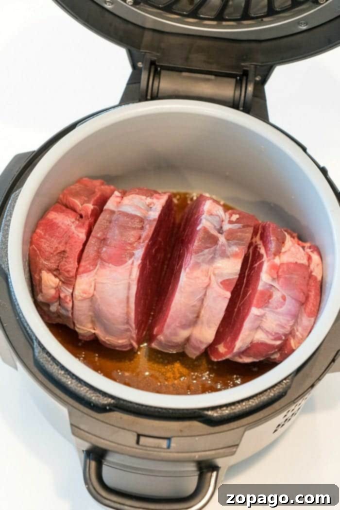 Great Ninja Foodi roast recipe with mushroom gravy that's tender and juicy in just about an hour. If you're looking for Ninja Foodi recipes you'll love this #ninjafoodirecipes #ninjafoodi #sirloinroast #roast #pressurecooker #shreddedbeef A final serving of tender Instant Pot Sirloin Tip Roast, drenched in rich gravy, garnished with fresh herbs, showcasing the delicious outcome of a Ninja Foodi roast recipe.