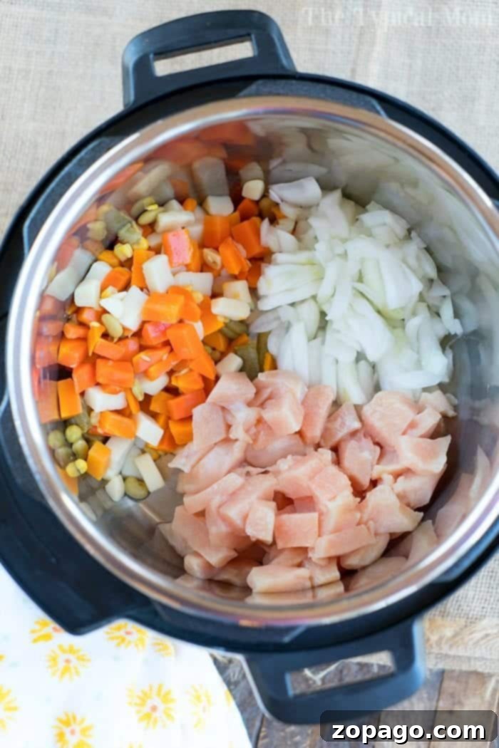Pressure cooker chicken pot pie soup is a spoonful of comfort food made in under 15 minutes! You've got to try this creamy chicken soup with veggies today. #instantpotrecipes #pressurecooker #chickenpotpie #soup #chickensoup #ninjafoodirecipes #crockpotexpressrecipes #thetypicalmom A close-up of a serving of Instant Pot chicken pot pie soup, showing its rich and comforting texture.