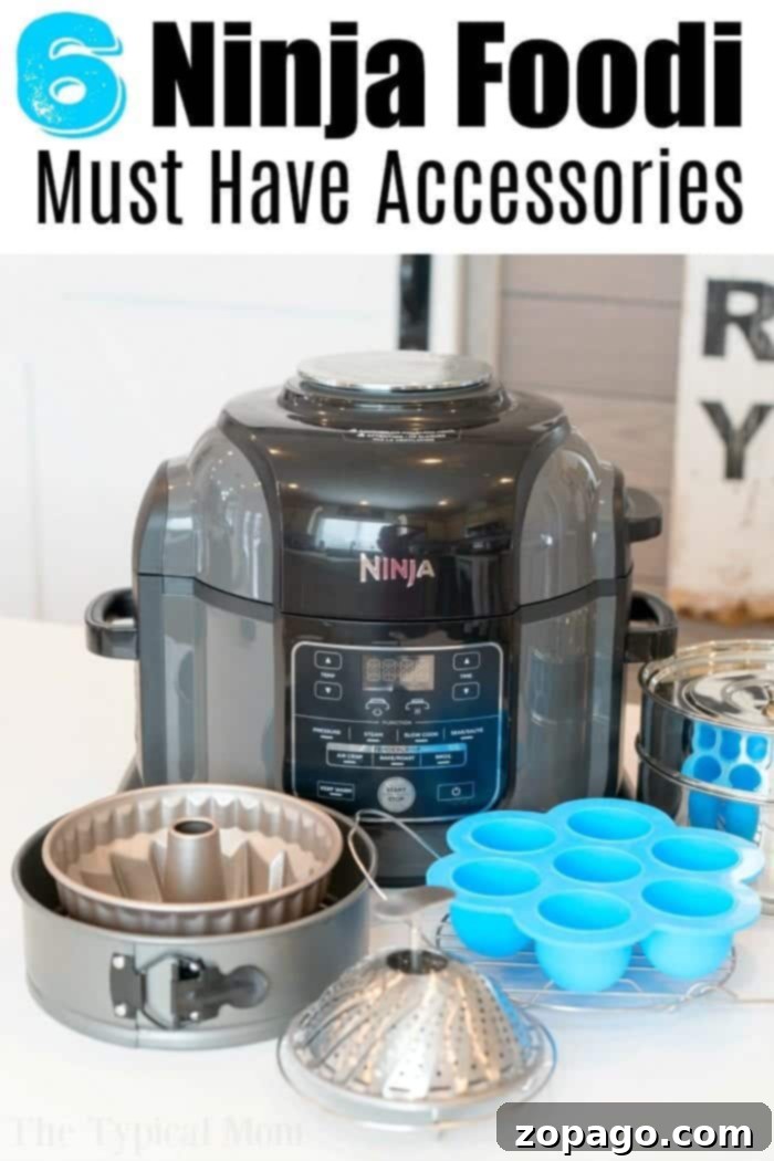 Must-have Ninja Foodi accessories for your kitchen Ninja Foodi pressure cooker surrounded by essential accessories like cake pan, silicone molds, and steamer basket