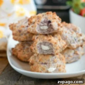 Crispy Air Fryer Bagel Bites 7 A plate of blueberry bagel bites with cream cheese filling sits temptingly beside a basket of 2 Ingredient Air Fryer Bagel Bites, creating a delightful spread for any occasion.