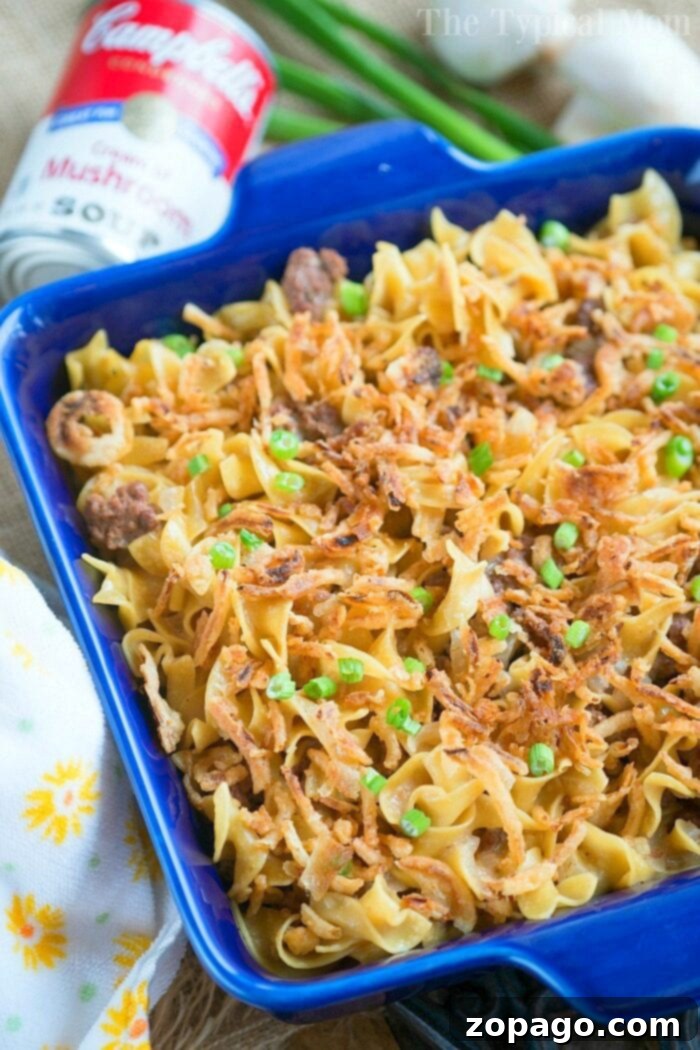 Pressure cooker stroganoff casserole: quick, delicious, and easy family dinner. #pressurecooker #instantpot #ninjafoodi #instantpotrecipes #ninjafoodirecipes #beefstroganoff #beef #stroganoff #casserole A wide, appetizing shot of the finished pressure cooker stroganoff casserole, steaming gently and ready to serve, generously topped with a layer of crispy, golden-brown fried onions for added texture and flavor.