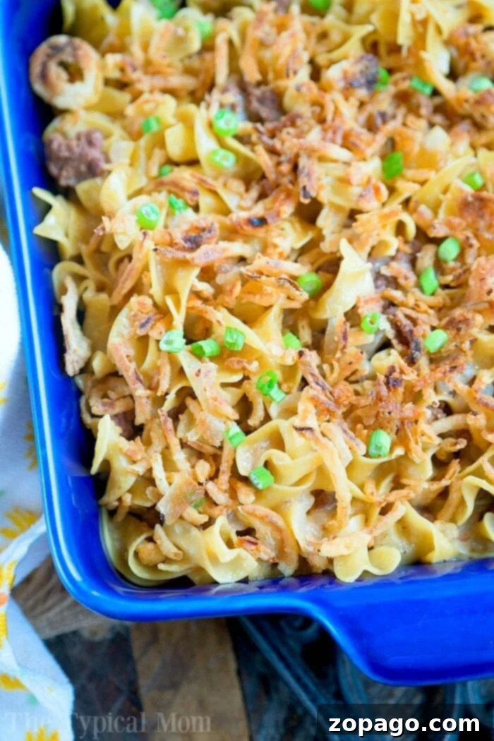 Pressure cooker stroganoff casserole: creamy, comforting, and quick. A full view of stroganoff casserole in a baking dish, garnished with fresh herbs, steaming and ready to be served to family and friends.