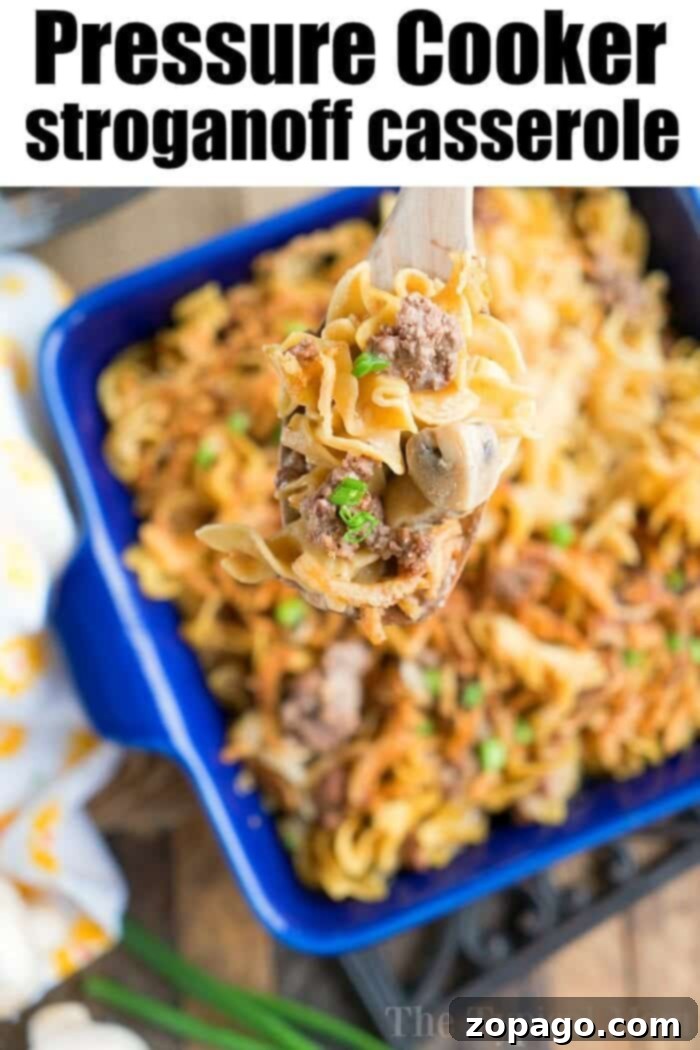 Creamy Instant Pot Ground Beef Stroganoff 3 A close-up photograph of Pressure Cooker Stroganoff Ground Beef, highlighting the rich, creamy texture of the sauce and the perfectly cooked, tender egg noodles, ready to be enjoyed.