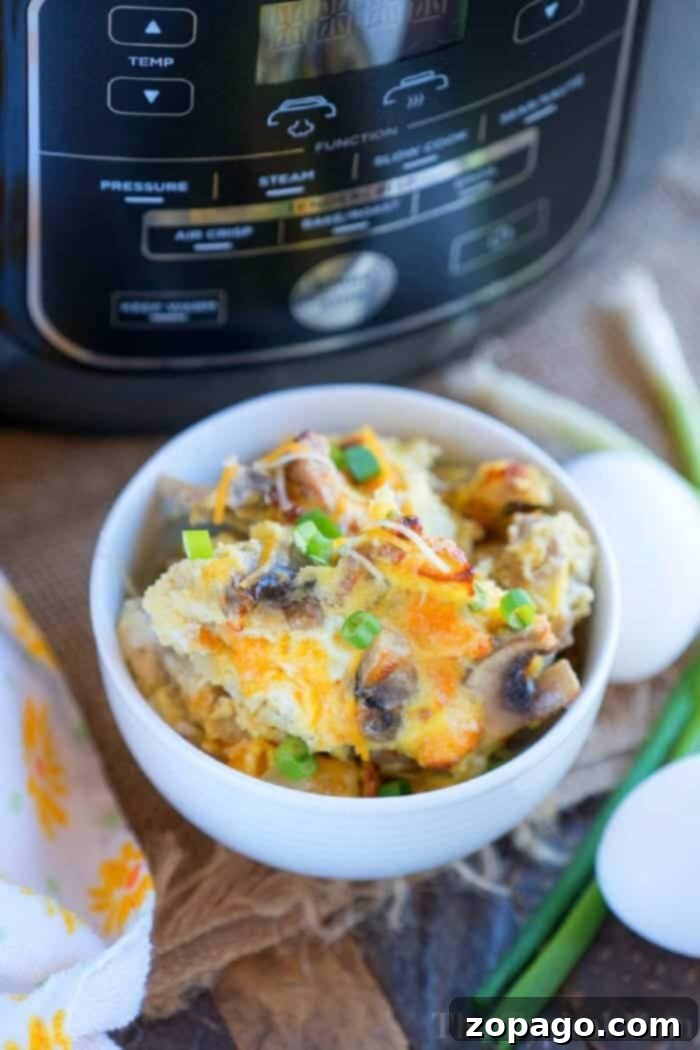 Ninja Foodi Breakfast omelette is here! Filled with eggs, cheese and even ground sausage or bacon this will be your favorite air fryer breakfast ever! #ninjafoodirecipes #ninjafoodi #eggs #breakfast #omelette #airfryer #airfryerrecipes #thetypicalmom Bowl of cheesy egg casserole topped with green onions in front of a Ninja Foodi, making for a delicious breakfast, with eggs beside it.