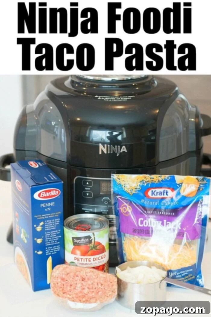Ninja Foodi taco pasta is a creamy, cheesy, and flavorful one-pot meal for busy nights. Close-up of creamy Ninja Foodi taco pasta with ground meat and tomatoes.