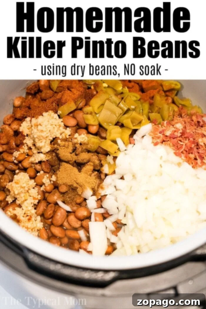 Homemade pressure cooker pinto beans make a great side dish for Cinco de Mayo or any time of year. Use charro beans inside burrito bowls for a great meal! #instantpotrecipes #instantpot #pressurecooker #ninjafoodi #pintobeans #beans #cincodemayo #thetypicalmom #charrobeans #ninjafoodirecipes A beautifully presented bowl of pressure cooker pinto beans, glistening and perfectly cooked.