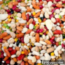 A vibrant assortment of various dry beans and legumes, showcasing their natural colors and textures before being cooked in a pressure cooker.