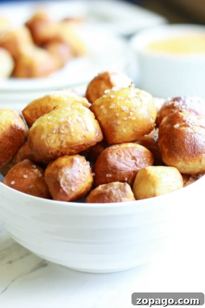Crispy Air Fryer Pretzel Bites 11 Close-up of crispy, salted air fryer pretzel bites on a white plate, highlighting their golden-brown texture.